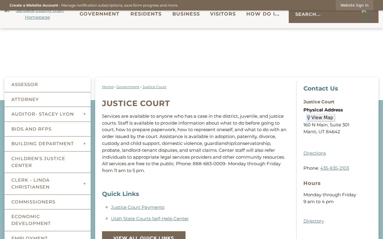 Sanpete County warrant records Justice Court address and contact page
