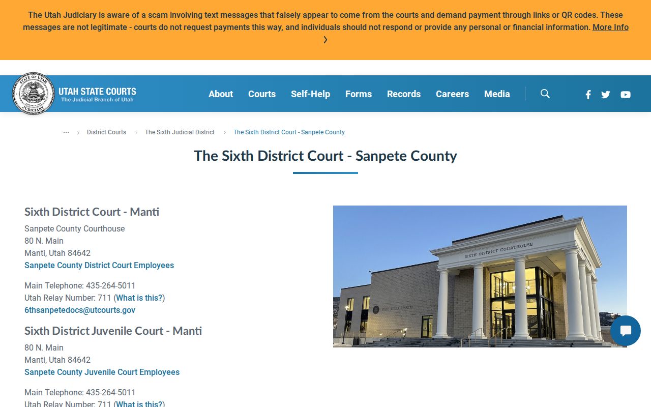 Manti warrant records Sixth District Court office contact location