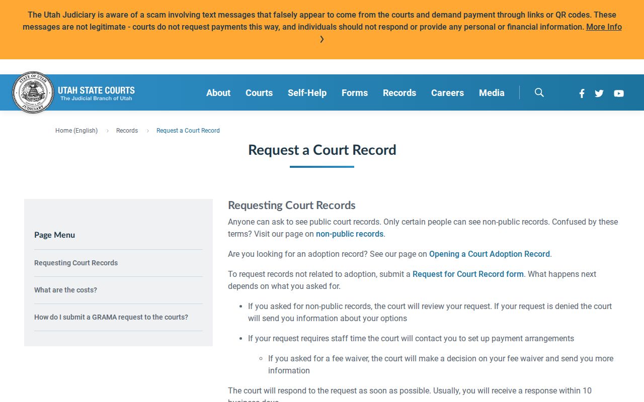 Sanpete County warrant record request through Utah Courts