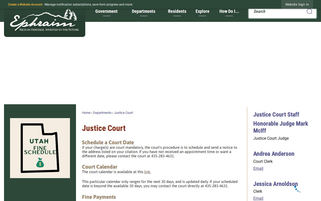 Ephraim warrant court phone and Justice Court contact page