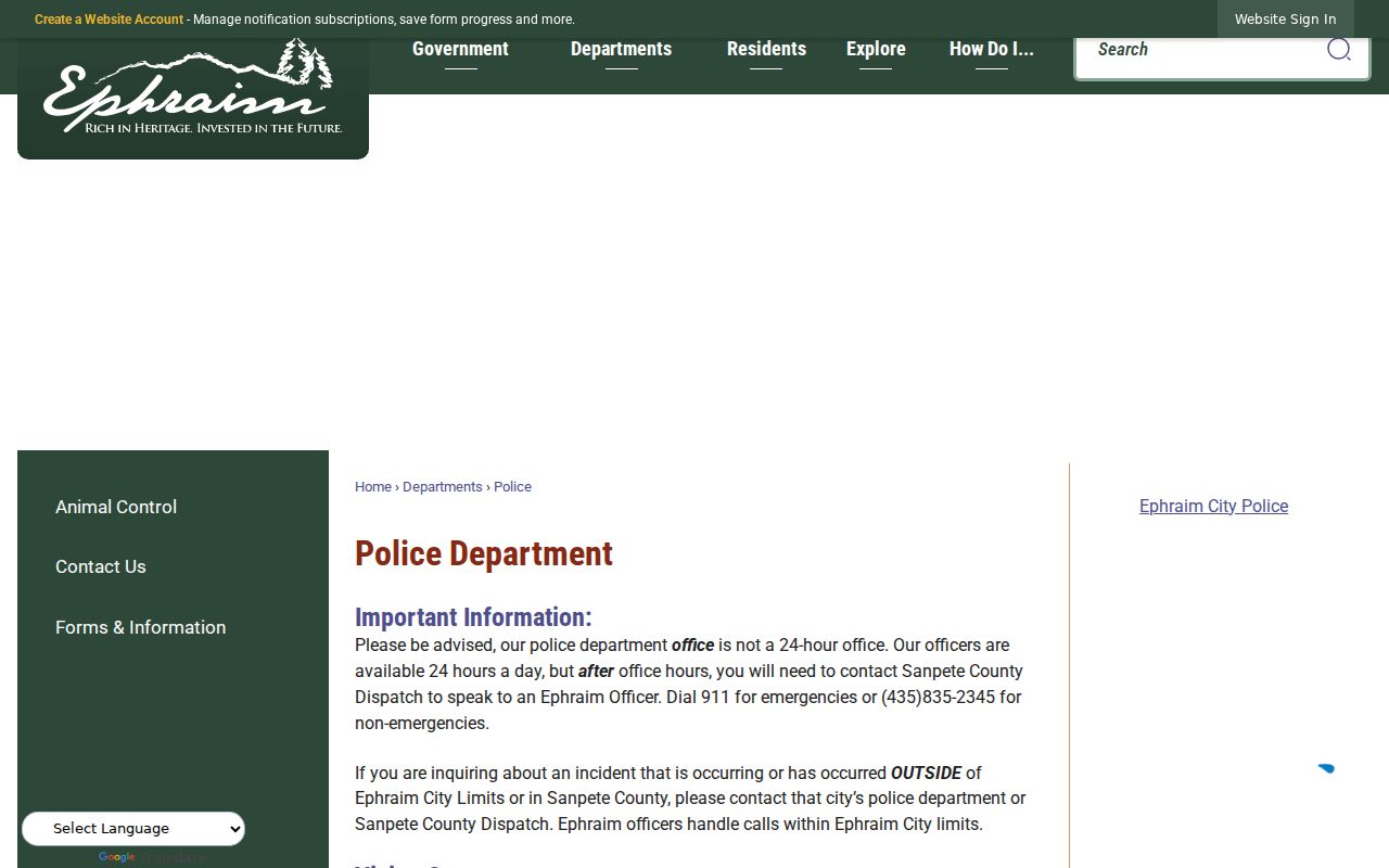 Ephraim warrant records police address and after-hours contact