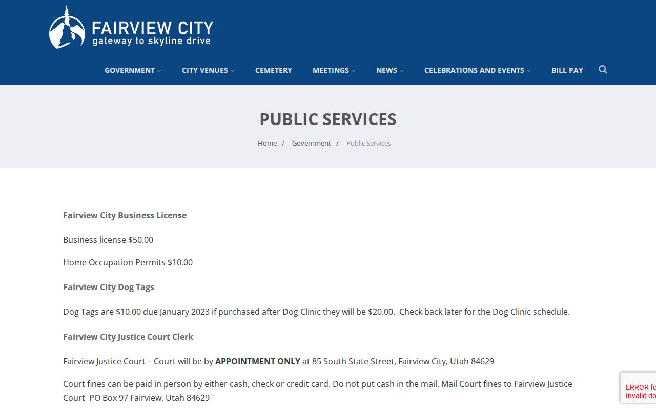 Sanpete County municipal warrant appointment-only Justice Court detail for Fairview
