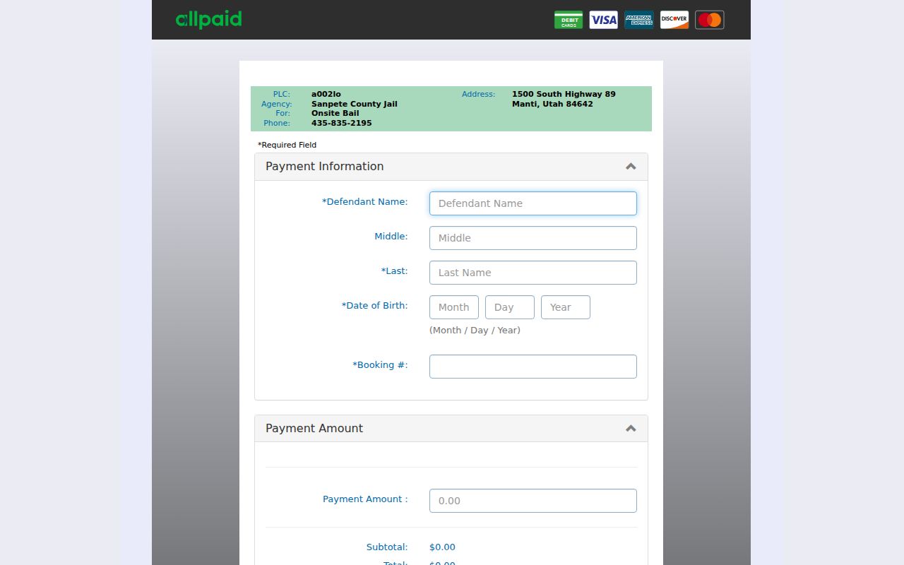 Sanpete County arrest warrant bail payment field labels