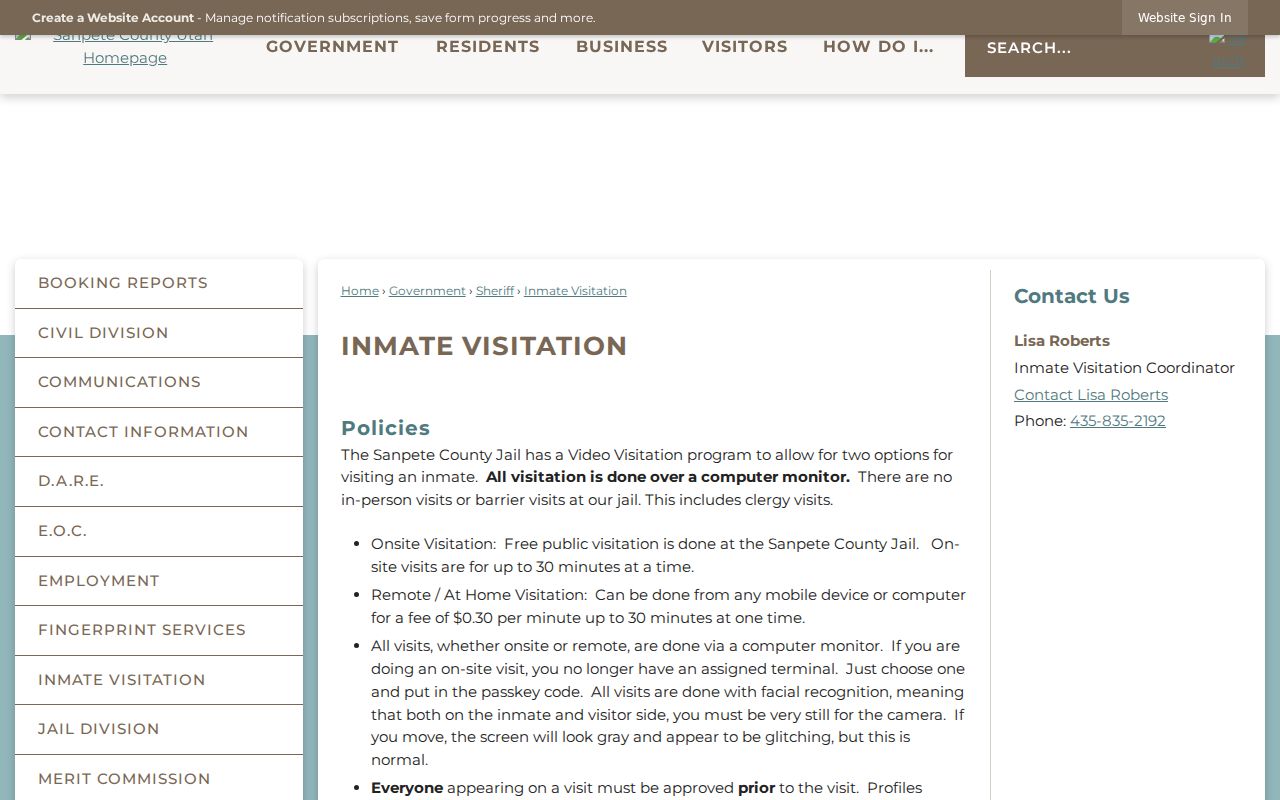 Sanpete County arrest warrant custody and jail visitation information